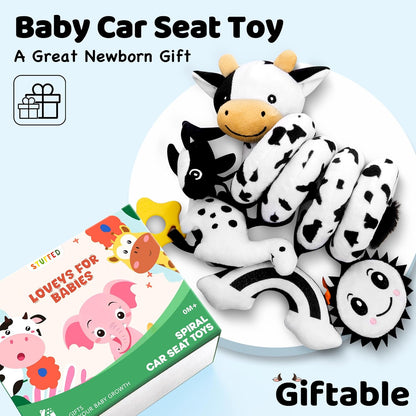 Skiennix Spiral Car Seat Baby Toy - High Contrast Sensory Hanging Stroller Accessory | Black & White Cow for Infants 0-6 Months