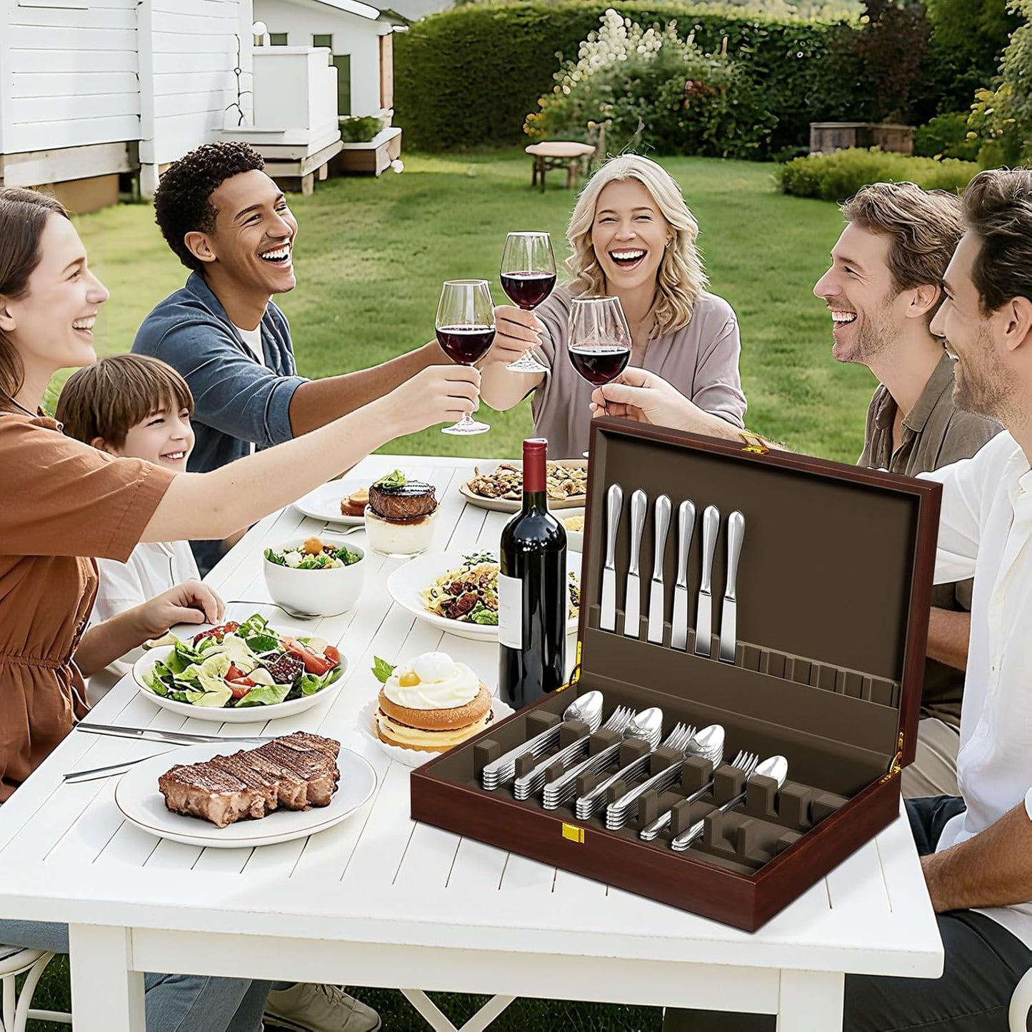 Walnut Wood Silverware Storage Box - Felt Lined Flatware Organizer for 12 Sets of Utensils
