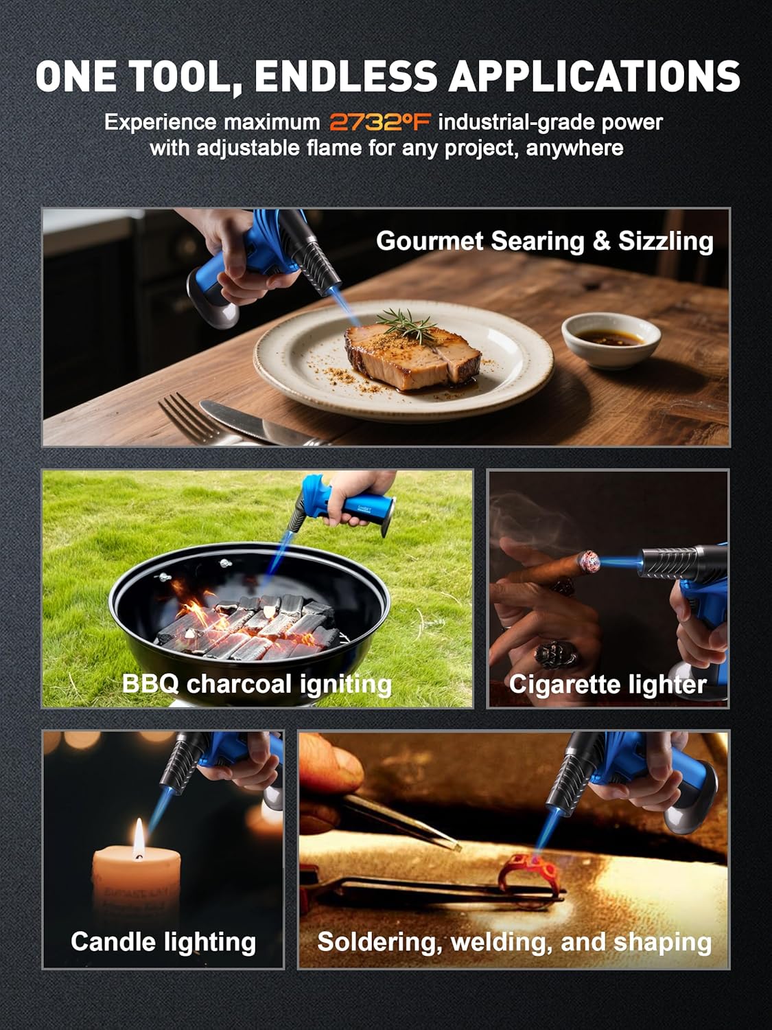 SMART JERRY Mini Torch Gun - Windproof Butane Lighter with Safety Lock | Adjustable Flame Up to 1500℃ for Cooking, BBQ, and Soldering
