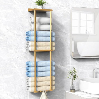 Liuoud Towel Rack - Wall-Mounted Vertical Towel Storage Organizer with Shelf | Holds 6 Large Bath Sheets - Gold