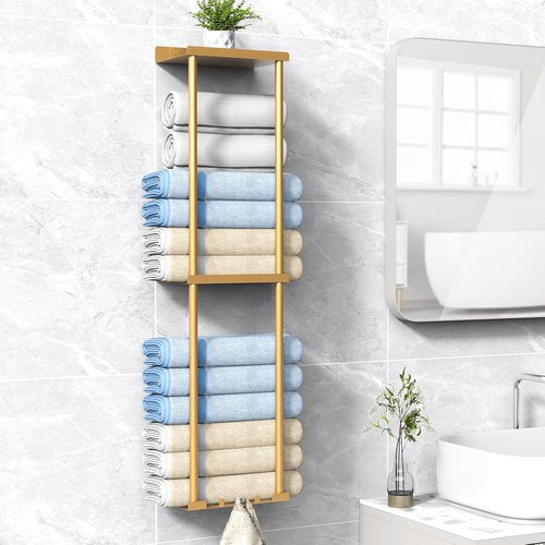 Liuoud Towel Rack - Wall-Mounted Vertical Towel Storage Organizer with Shelf | Holds 6 Large Bath Sheets - Gold