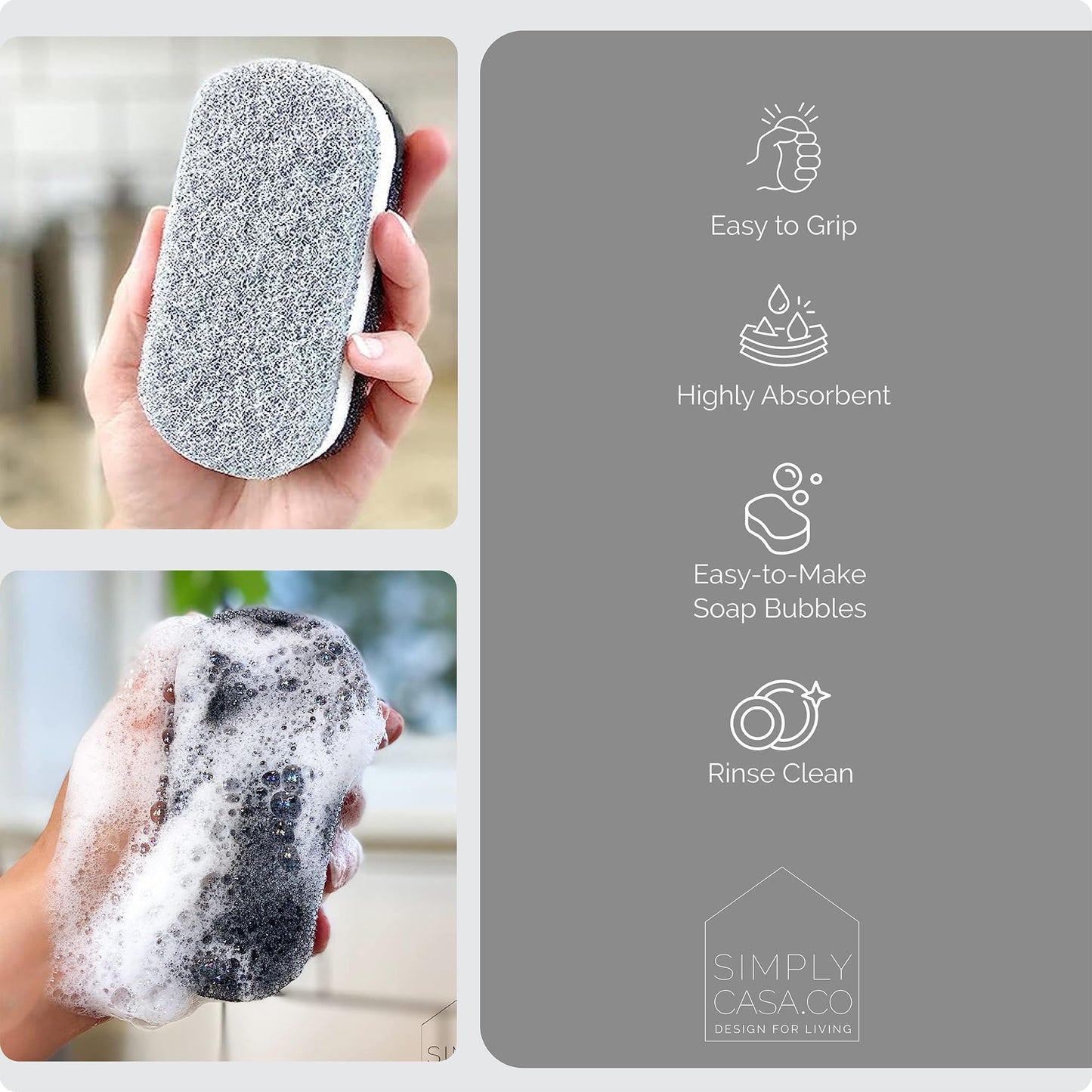 SIMPLYCASA Kitchen Dish Cleaning Sponges - Pack of 6 | Non-Scratch & Fast-Drying | Reusable Scrubbers for Kitchen & Household Use | Stylish Black & White Design