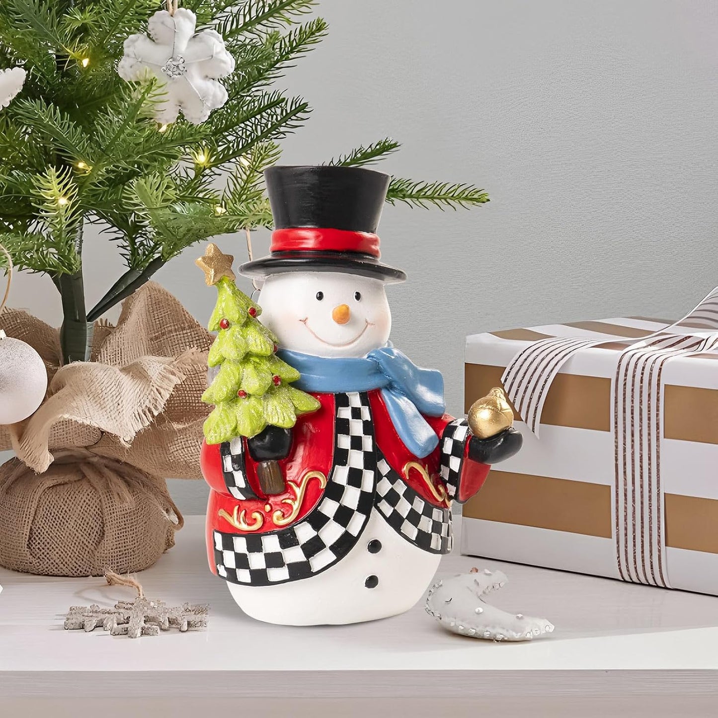 Snowman Figurines - 7.1x4.9 Inch Resin Black and White Checkered Christmas Decor | Indoor Holiday Tabletop Accent