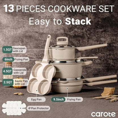 CAROTE 13-Piece Non-Stick Cookware Set | Taupe Induction Pots and Pans with Lids - Kitchen Essentials