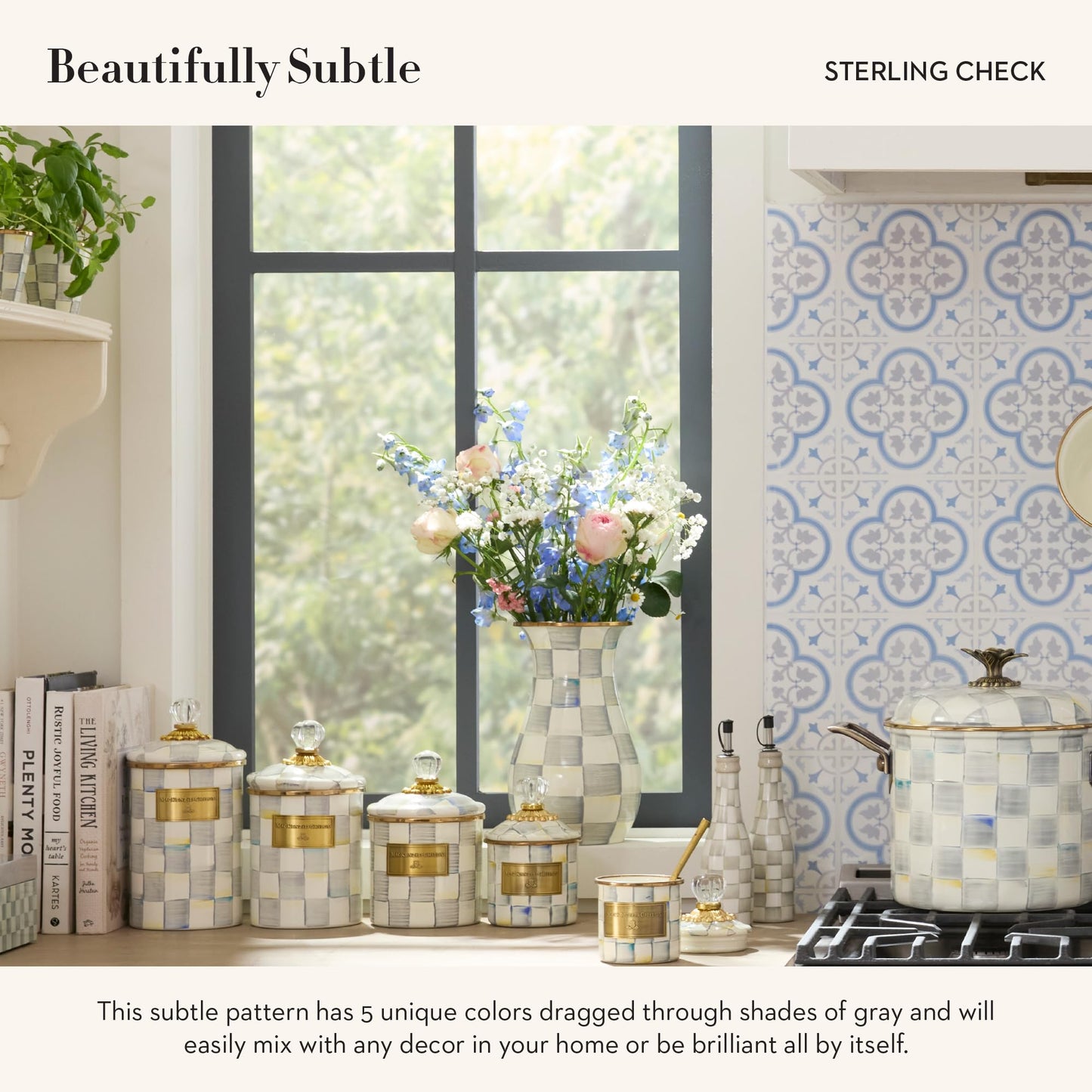 MACKENZIE-CHILDS Farmhouse Oil Cruet, Ceramic Oil-Dispenser Bottle, Gray-and-White Sterling Check