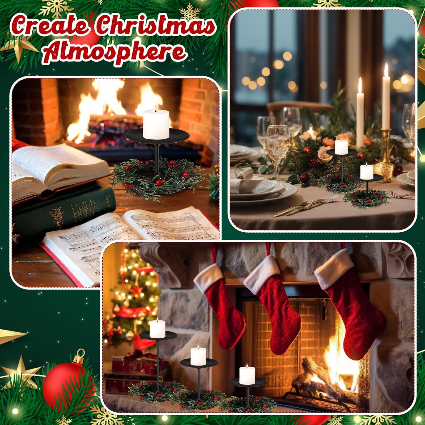 Baderke Christmas Candle Holders Set - 3 Sizes with Artificial Wreath & Red Berry Pine Garland Decor