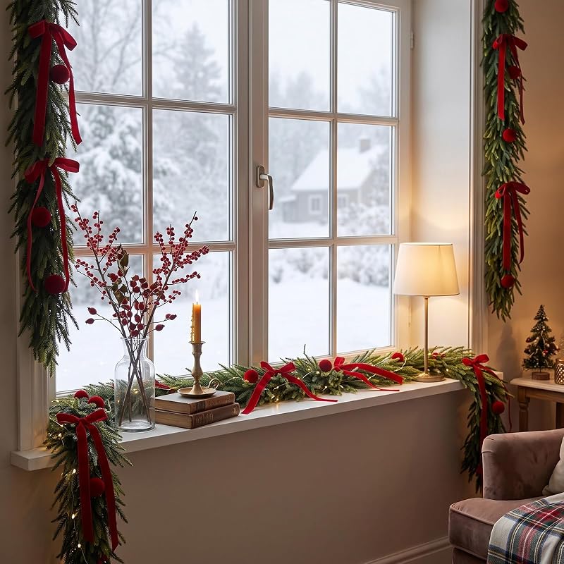 9ft Christmas Cedar Garland with Ornaments for Mantel & Fireplace — Realistic Artificial Norfolk Pine Cedar Garlands