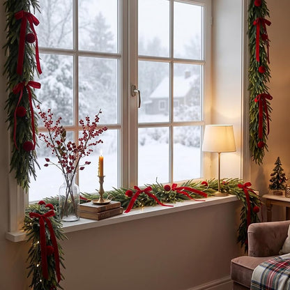 9ft Christmas Cedar Garland with Ornaments for Mantel & Fireplace — Realistic Artificial Norfolk Pine Cedar Garlands