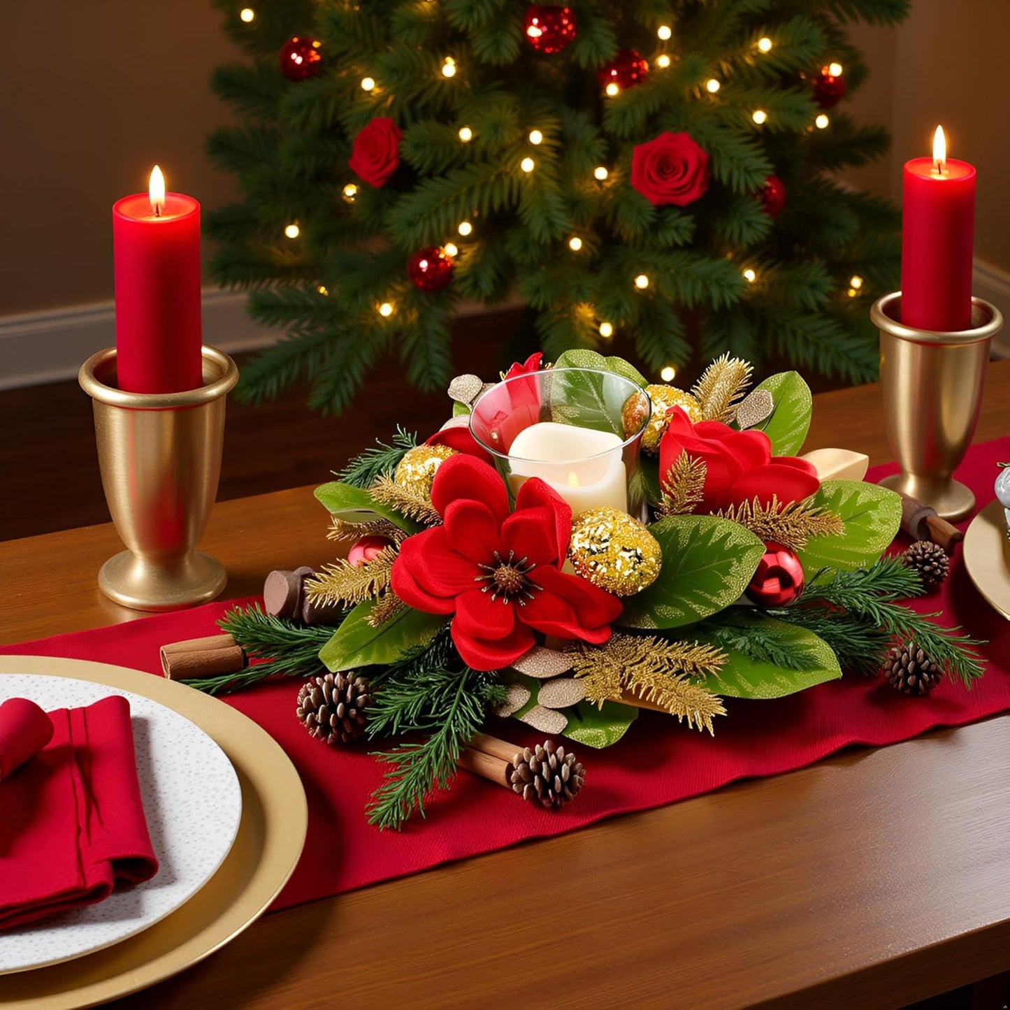 Regine Switzerland 18" Centerpiece - Flameless LED Candle Holder with Red Magnolia & Gold Baubles