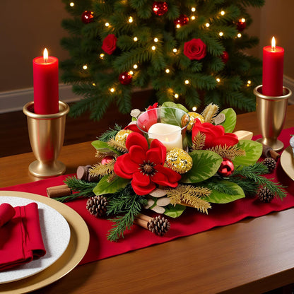 Regine Switzerland 18" Centerpiece - Flameless LED Candle Holder with Red Magnolia & Gold Baubles