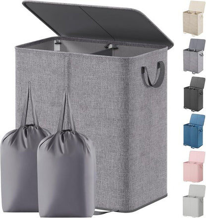 Lifewit Double Laundry Hamper - Large Collapsible Basket with Lid & Removable Bags | 155L Grey