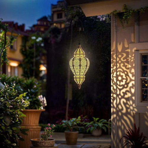 Hapjoy Moroccan Solar Lanterns - Waterproof Outdoor Garden Decor | Gold Hanging Lights (1 Pack)