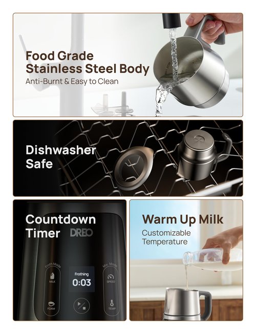 DREO Milk Frother, All-in-1 Electric Foam Maker for Coffee, 15oz/450ml Automatic Foam Frother for Latte Art-level Microfoam, 30+ Drinks, Easy to Clean, Dishwasher Safe, LED display