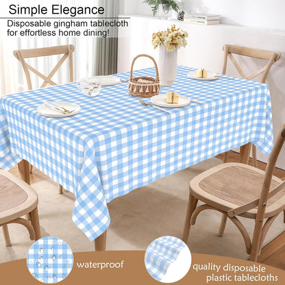 Skiennix Light Blue Gingham Tablecloth - Disposable Waterproof Rectangular Cover | 54" x 108" for Parties & Picnics