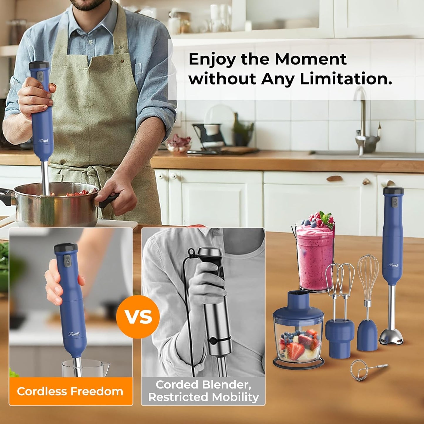 Rosewill 6-in-1 Cordless Immersion Hand Blender - Multi-Speed Heavy Duty Motor | Includes Beaker, Whisk, Chopper, Milk Frother - Perfect for Smoothies, Baby Food, Soup - Blue