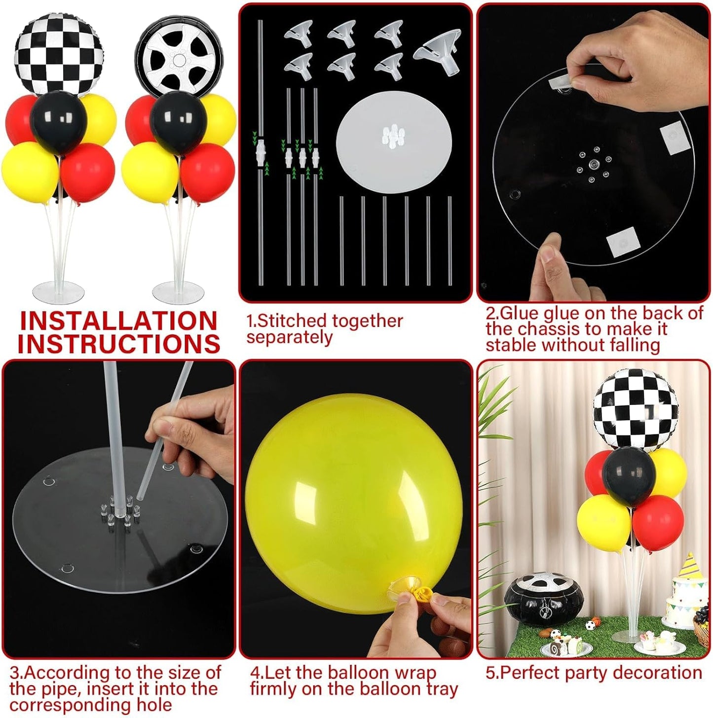 Race Car Party Balloons Kit - 2 Sets with Checkered Foil Balloons | Red, Black & Yellow Birthday Decor