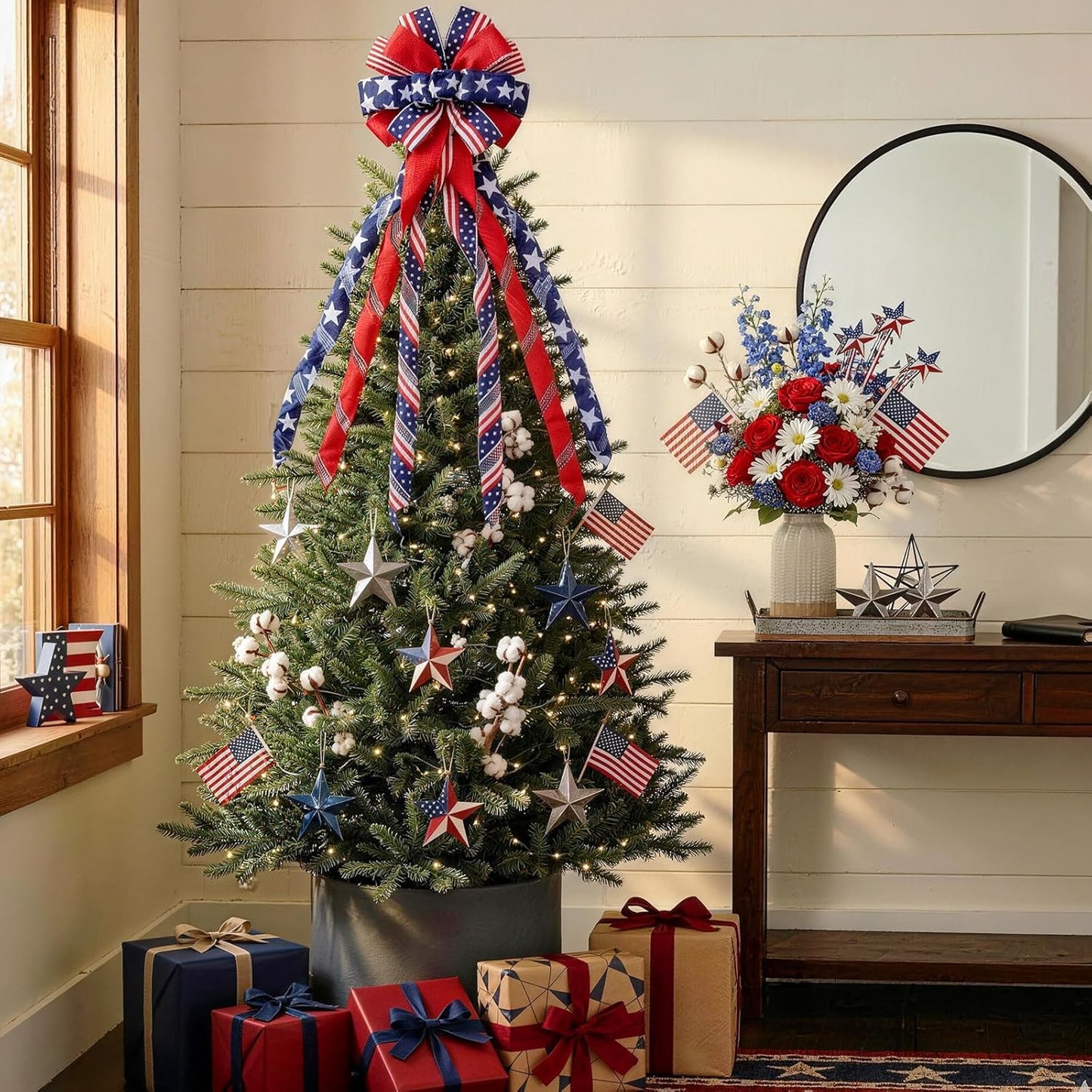 Skiennix Large 4th of July Tree Topper Bow - Pre-Tied Patriotic Ribbon for Wreaths | 52x13 Inch Red, Blue, White