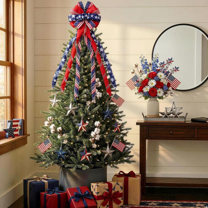 Skiennix Large 4th of July Tree Topper Bow - Pre-Tied Patriotic Ribbon for Wreaths | 52x13 Inch Red, Blue, White