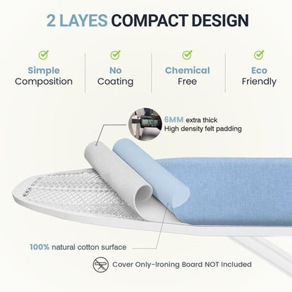 UniSimp Ironing Board Cover and Pad 15"x54" Extra Thick Natural Cotton, Scorch and Stain Resistant Padding, Standard Size Iron Board Cover with Fasteners Heavy Duty Elastic Edge, Heatproof Blue