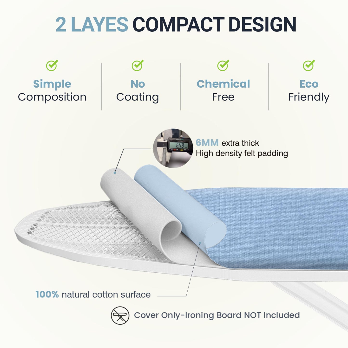 UniSimp Ironing Board Cover and Pad 18"x54" Extra Thick Natural Cotton, Scorch and Stain Resistant Iron Board Cover, Extra Large Iron Board Cover with Fasteners Heavy Duty Heatproof Elastic Edge Blue
