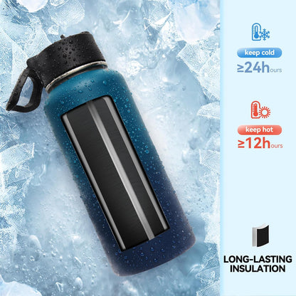 Neihepal 32 Oz Insulated Water Bottle - 18/8 Stainless Steel with Straw & Spout Lids | Dark Night