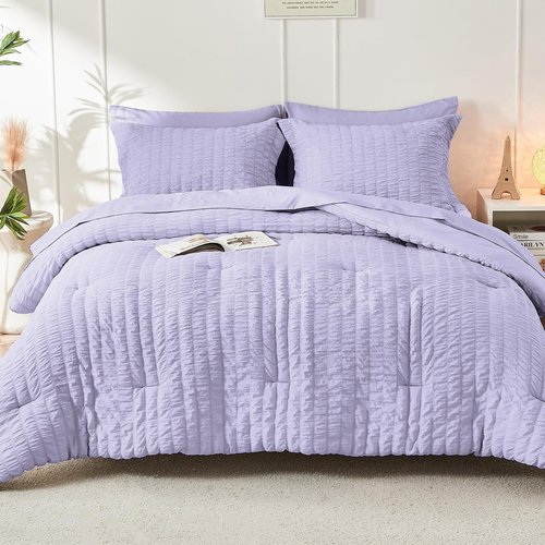HYMOKEGE Light Purple King Size Comforter Set Seersucker 7 Pieces, All Season Luxury Bed in a Bag for Bedroom, Bedding Set with Comforter, Sheets, Pillowcases & Shams