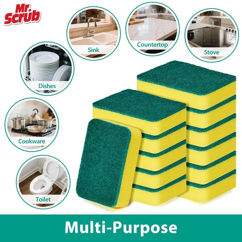 Mr. Scrub Sponges Kitchen Scrub Dish Sponge Scouring Pad, 12 Pack Cleaning Brush Scrubber Supplies for Soap, Dishwashing Dinnerware Sets Pan Pot Towels Cloth Rags Holder Glass Dishwasher Sink Bathroom