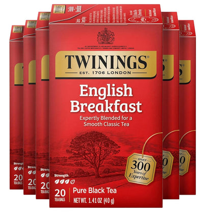 Twinings English Breakfast Black Tea - Flavorful & Robust Caffeinated Bags | 20 Count (Pack of 6)