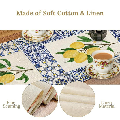 Lemon & Blue Tiles Table Runner 13x60in - Cotton Linen, Reusable Picnic & Dining Decor - Variation Lemon-7+W13"x L60"
