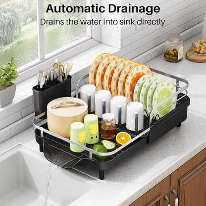 SAYZH Dish Drying Rack - Expandable Rust-Resistant Kitchen Organizer with Utensil Holder | Black