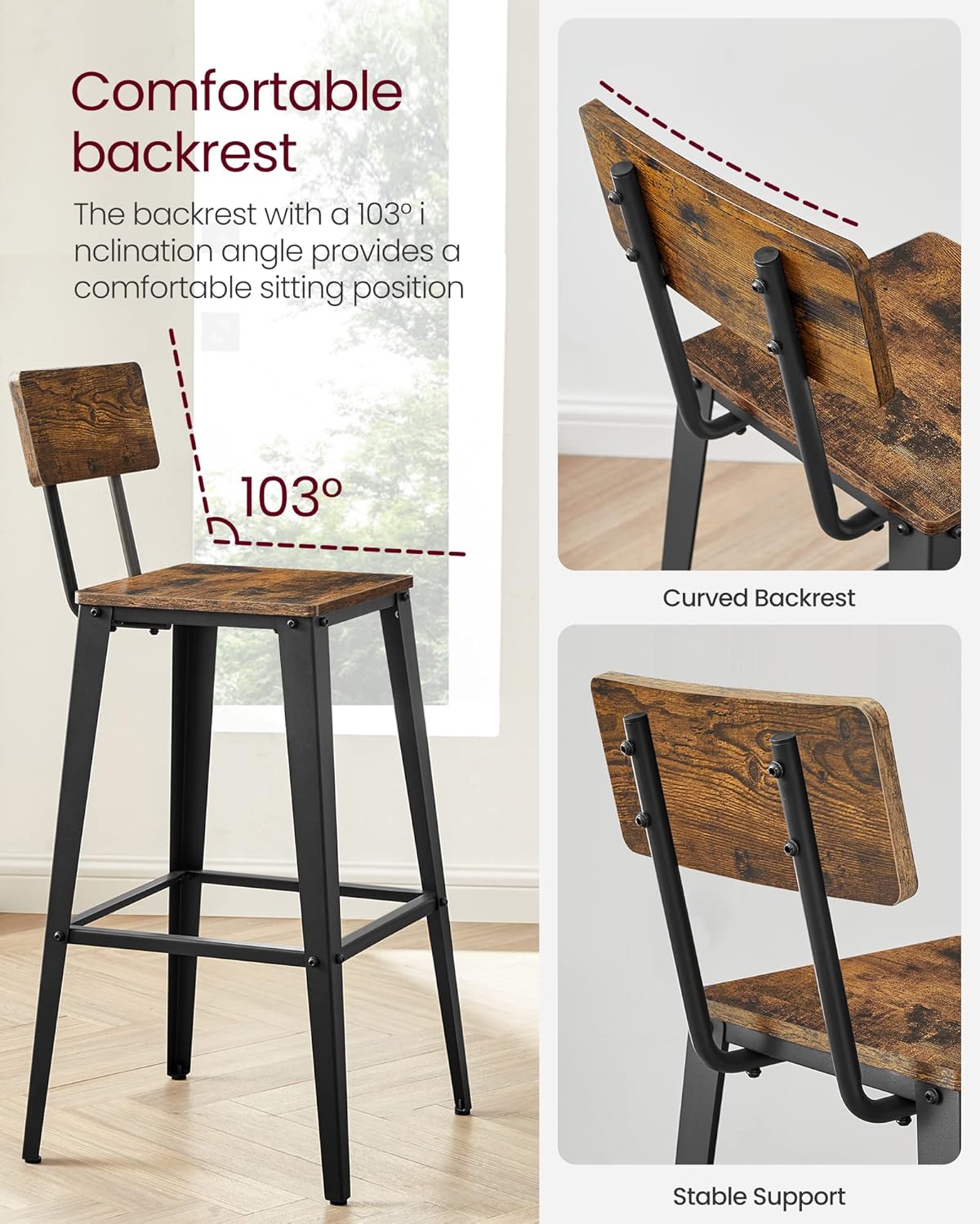 VASAGLE Bar Stools Set of 2 - 29.1-Inch Tall Industrial Style Chairs with Back - Rustic Brown & Ink Black