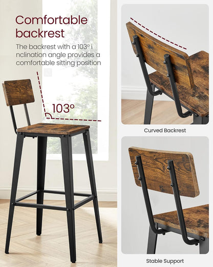 VASAGLE Bar Stools Set of 2 - 29.1-Inch Tall Industrial Style Chairs with Back - Rustic Brown & Ink Black