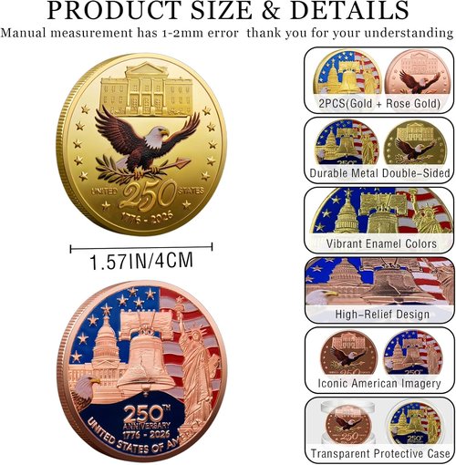 250th Anniversary Commemorative Coins - American Flag & Liberty Bell Collectible Souvenir | 1.57-Inch Durable Gold Plated Challenge Coin