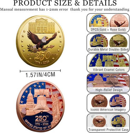 250th Anniversary Commemorative Coins - American Flag & Liberty Bell Collectible Souvenir | 1.57-Inch Durable Gold Plated Challenge Coin