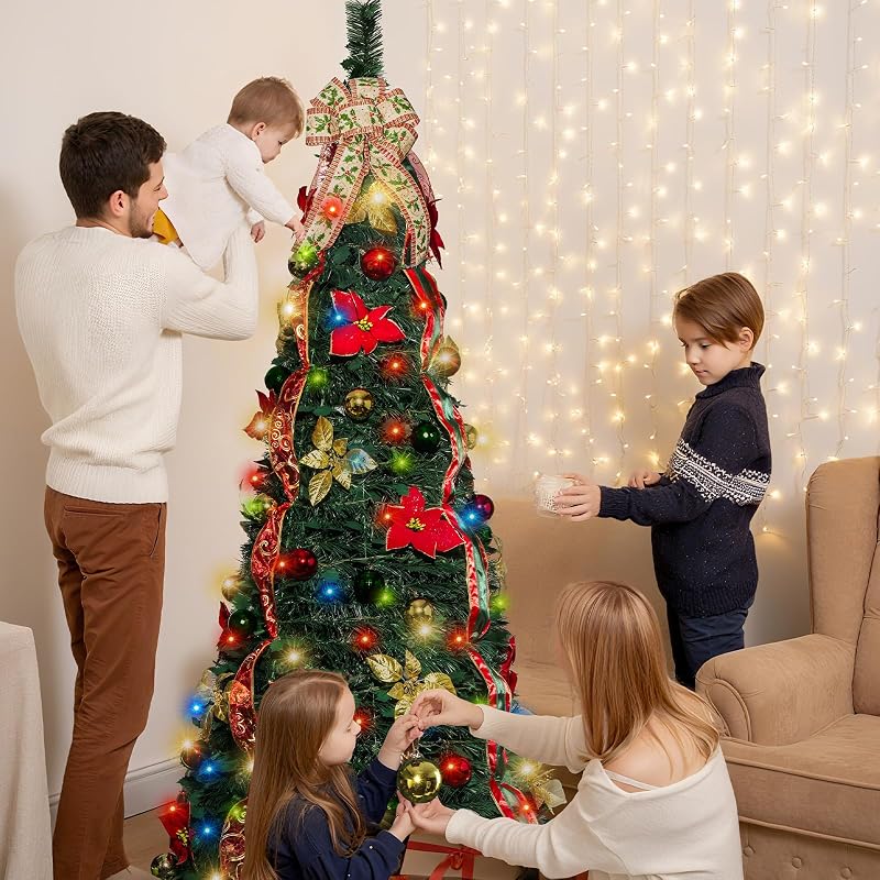6ft Pop Up Christmas Tree with Lights - Pre-Lit, Collapsible, Decorated (Red & Green)