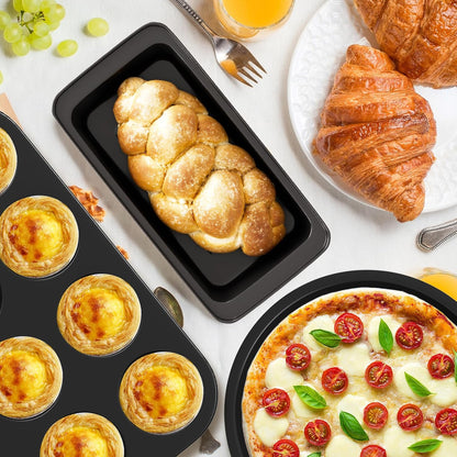 CasaCulina 5-Piece Nonstick Baking Pans Set - Round/Square Cake Pan, Muffin & Loaf Pans, Black