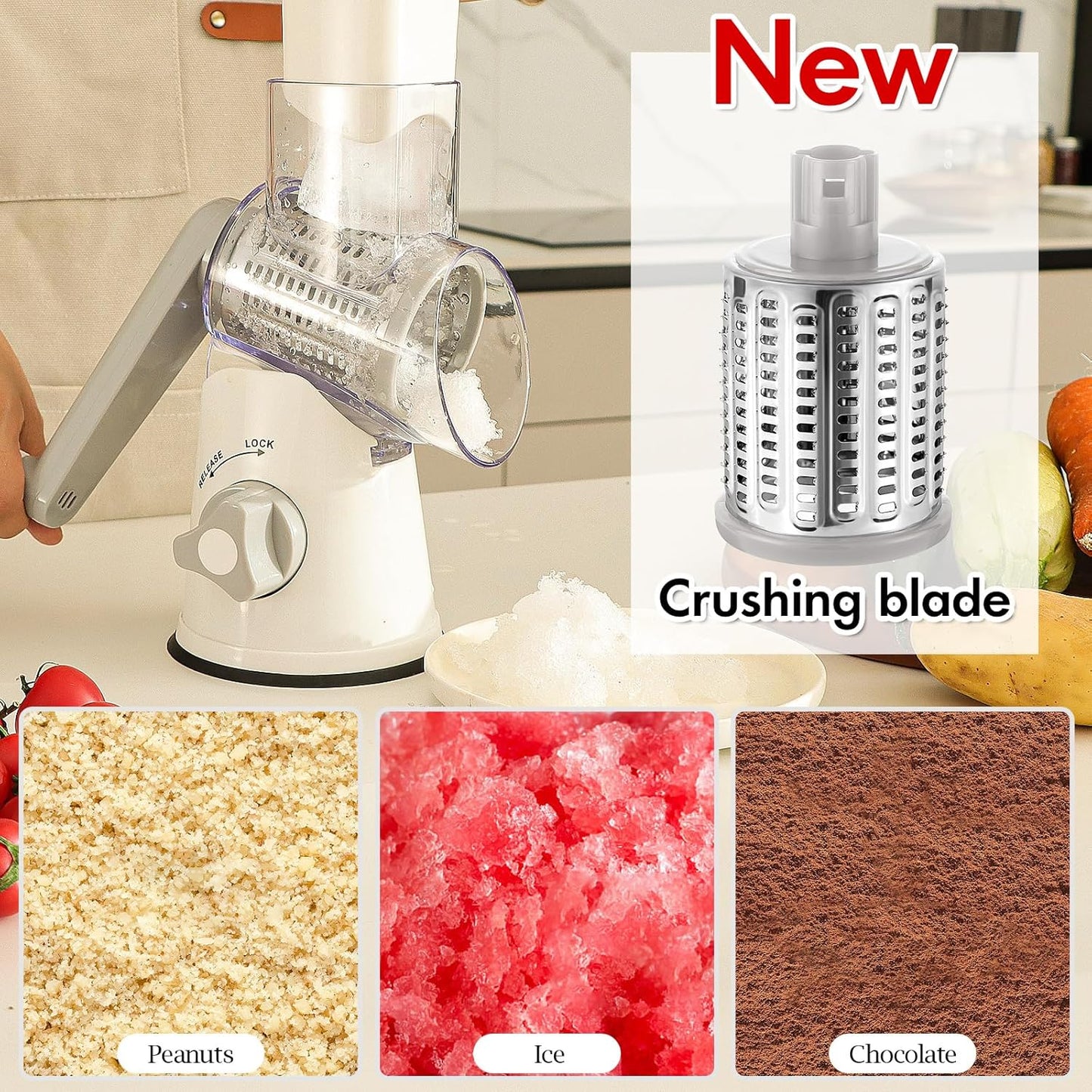 Ourokhome Rotary Cheese Grater - Hand Crank Kitchen Shredder with 5 Blades for Cheese, Vegetables & Nuts - White