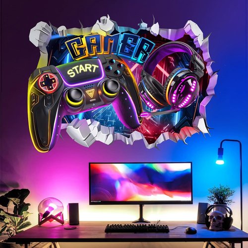 Decalmile Large 3D Gamer Controller Wall Decals - Video Gaming Joystick Stickers for Teen Bedrooms | Playroom Decor