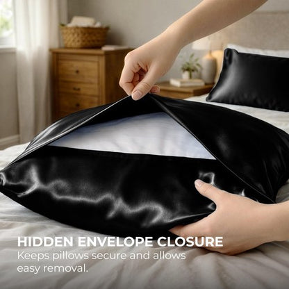 Pure Bedding Satin Pillowcase 2 Pack - Queen Size (20"x30", Black) - Silky Pillow Cases for Hair and Skin - Satin Pillow Covers with Envelope Closure - Extra Soft Premium Microfiber