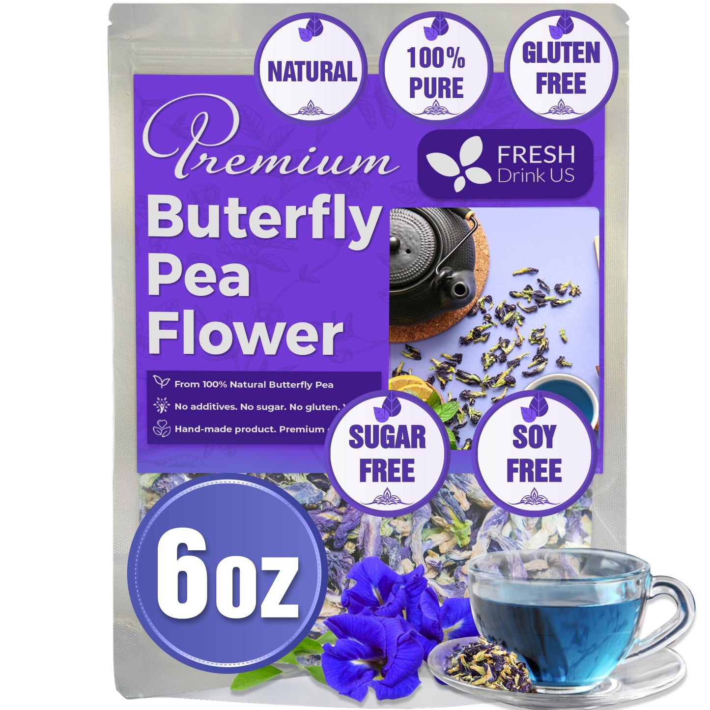 FreshDrinkUS, Premium 6oz Butterfly Pea Flowers, 100% Natural & Pure from Whole Blue Butterfly Pea Flowers, Wildcrafted, Dried Blue Butterfly Pea Flowers Herbal Tea, No Gluten, Vegan