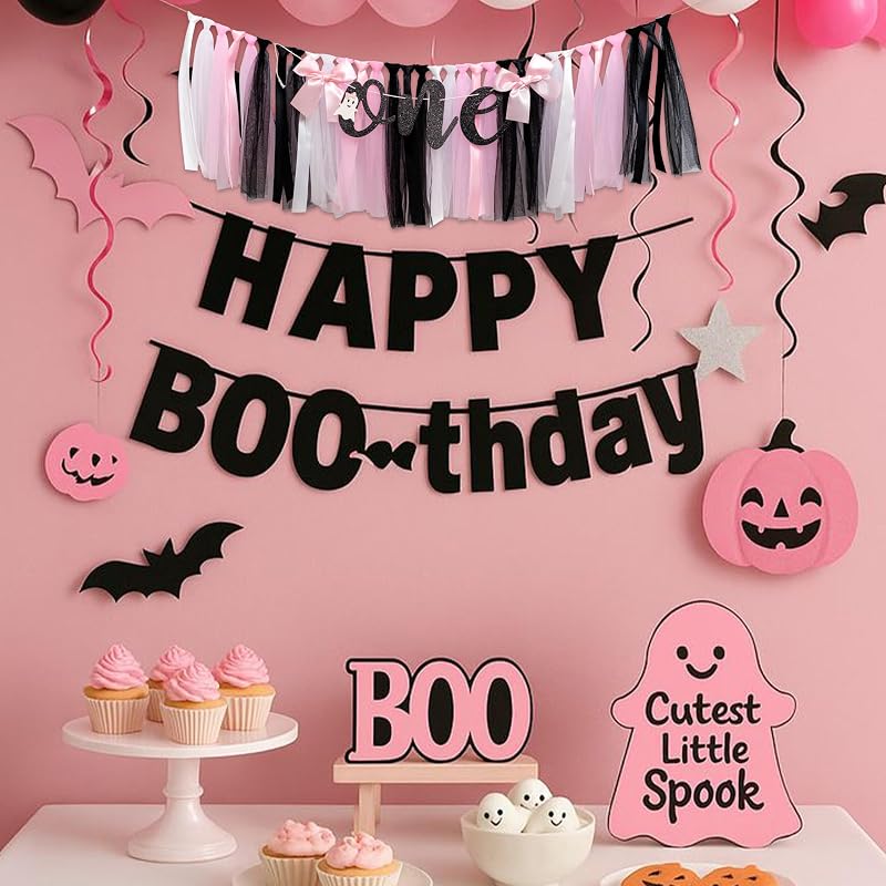 Halloween Ghost One High Chair Banner with Pink, Black & White Tulle Skirt
