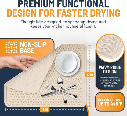 Linda’s Essentials Silicone Dish Drying Mat - Non-Slip & Heat-Resistant 16 x 12 Inch Kitchen Pad | Beige