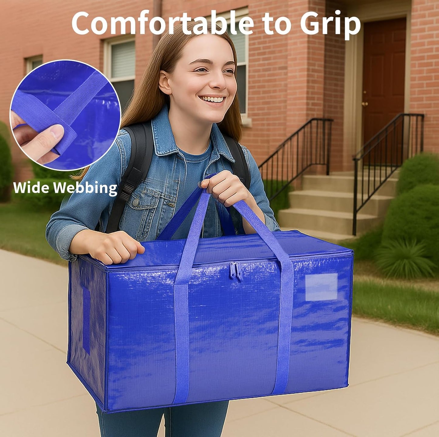 Skiennix Extra Large Heavy Duty Moving Bags - Waterproof Storage Totes with Zippers & Handles | 6 Pack (Blue)