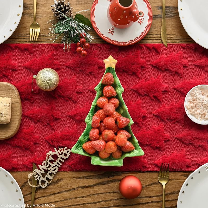 Artoid Mode Red Plush Christmas Table Runner 13x36 Inch — Faux Fur Jacquard Xmas Decor, Holiday Kitchen Dining