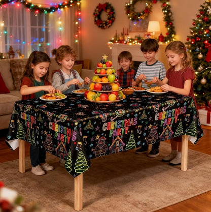Disposable 54x108 Inch Christmas Tablecloths - 3 Pack Neons on Black Festive Holiday Cover