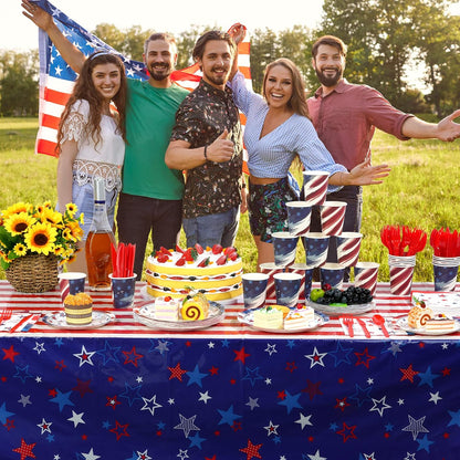 Skiennix 3Pcs Patriotic Tablecloths - Red, White & Blue Star Disposable Covers | 54x108 Inch for 4th of July Celebrations