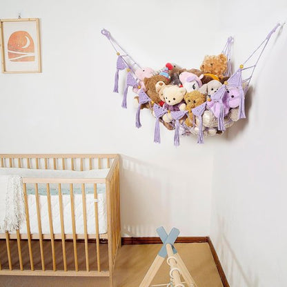 Amdermi Boho Nursery Stuffed Animal Net or Hammock Plush Toy Storage Net Kid's Playroom Hanging Organizer Stuffed Animal Display Plushes Holder for Teddy Net Corner Hanging Net Purple