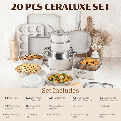 Granitestone Ceraluxe 20-Piece Nonstick Ceramic Cookware Set | Complete Pots, Pans & Bakeware, PFOA Free
