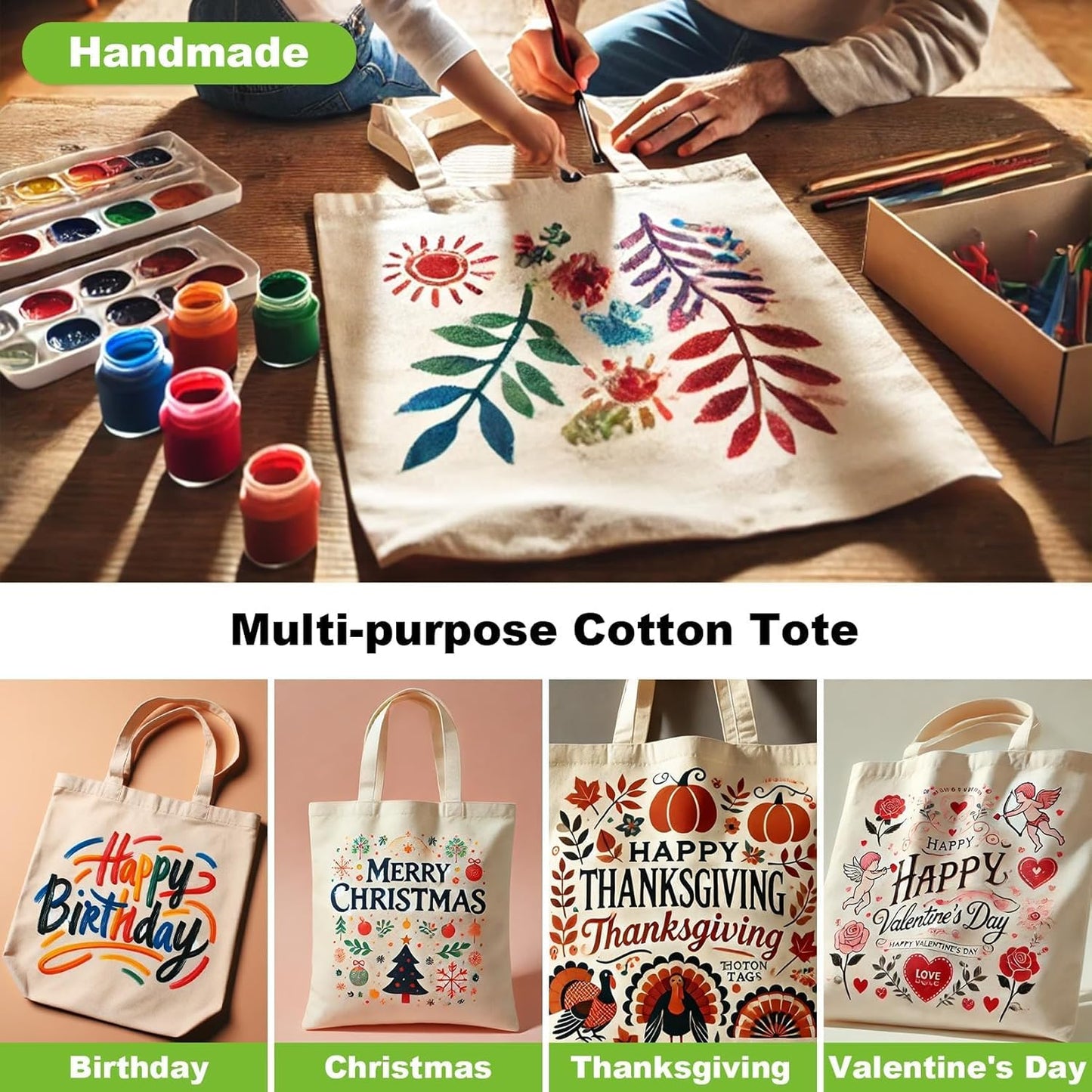 Skiennix Canvas Tote Bag - Set of 4 Reusable Cotton Grocery Bags with Handles for Crafts & Gifts