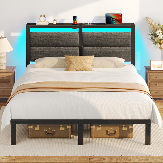 Rolanstar Full Size Bed Frame - LED Upholstered Storage Headboard with Charging Station | Grey